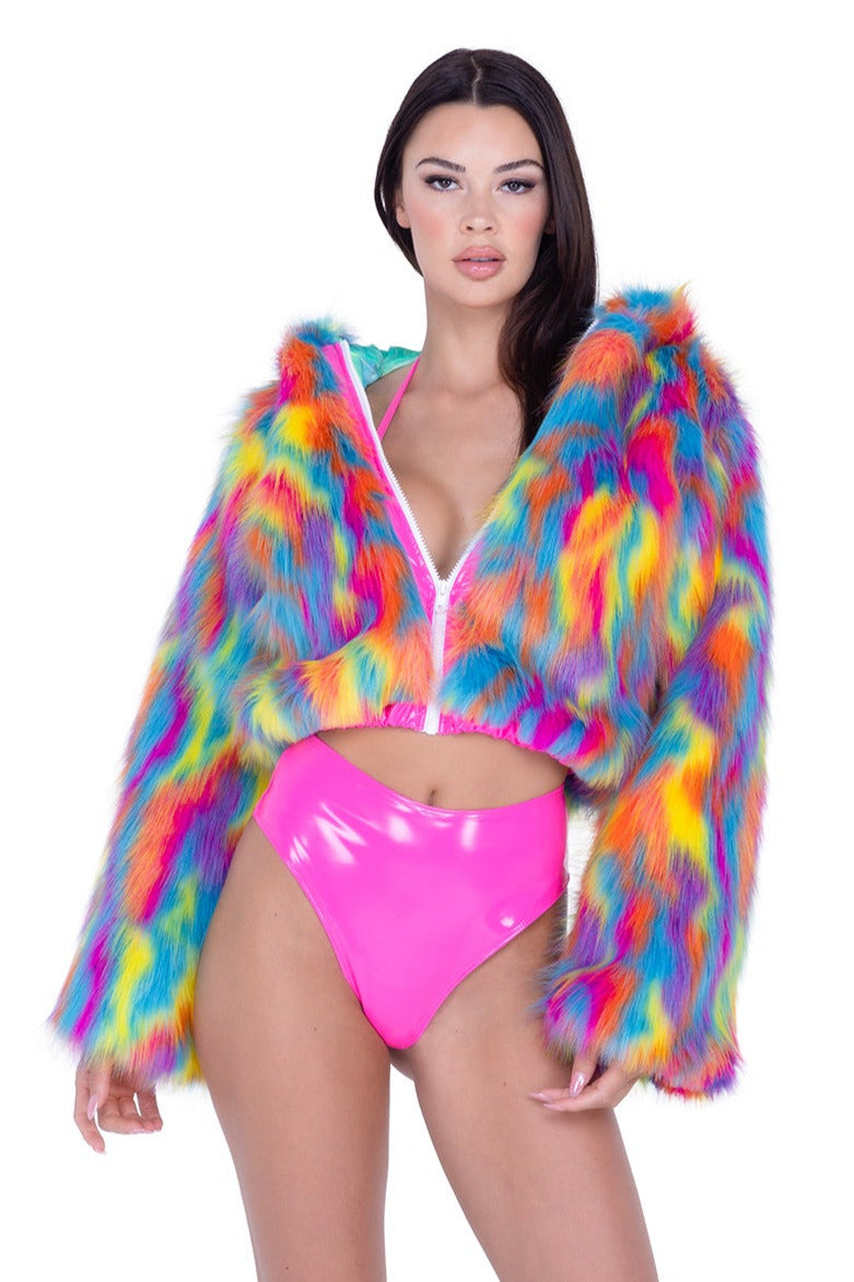 FE295 - Cropped Hooded Fur Jacket