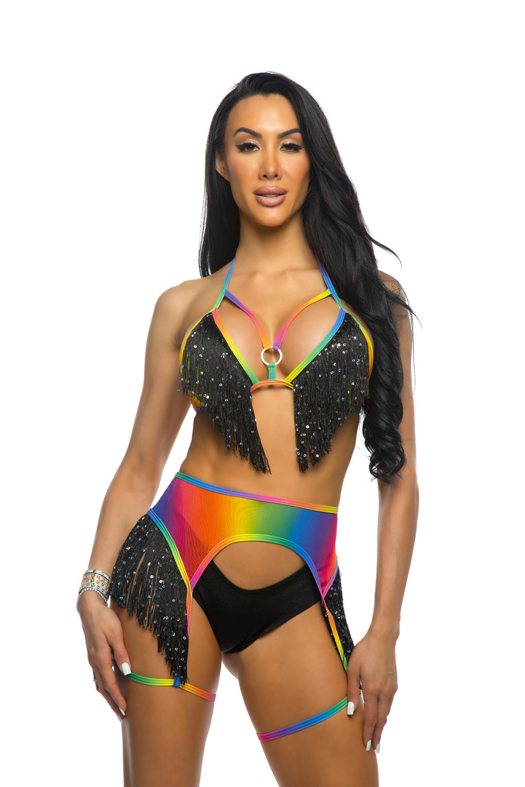 JR208 - Rainbow Fringe Top, Garter & Short Set