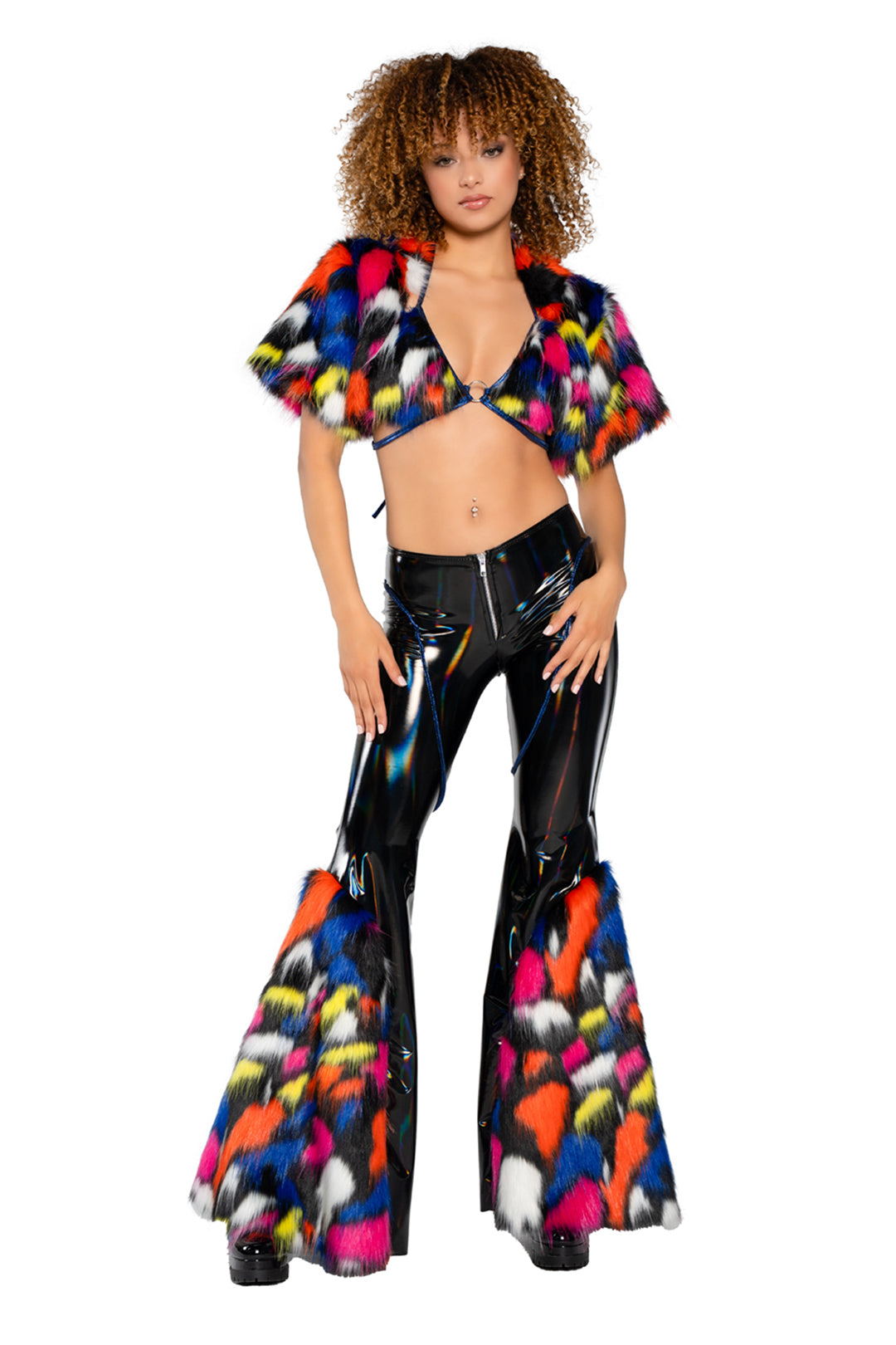 JR222 - Holo PVC/Faux Fur Bell-Bottom Pant