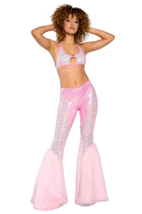 JR216 - Sequin/Faux Fur Bell-Bottom Pant